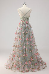A Linie Graugrünes Perlenbesetztes Korsett Langes Ballkleid mit 3D-Blumen